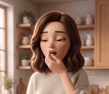 Animated woman in her kitchen taking her two Resilia softgels with a glass of water