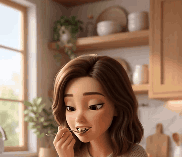 She sits down to a breakfast of eggs and toast and enjoys it