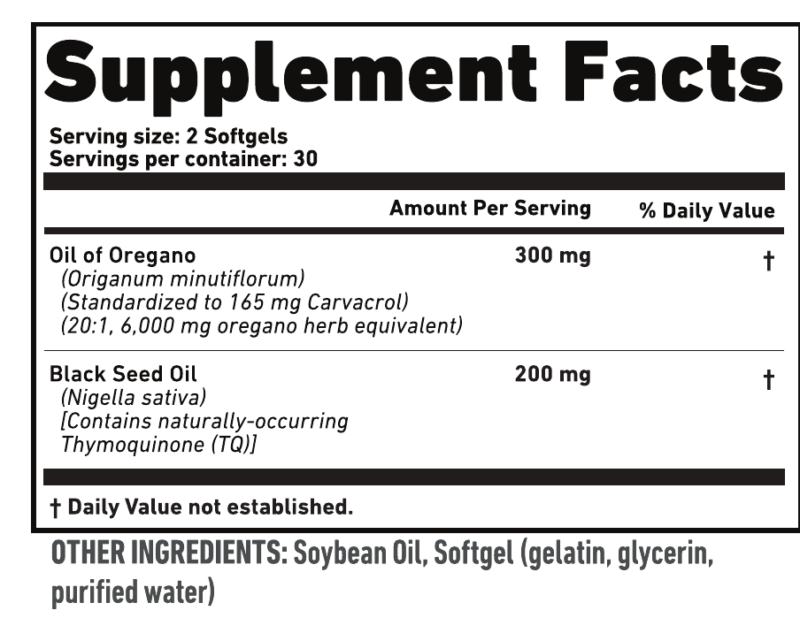 Resilia Supplement Facts: serving size 2 softgels, 30 servings. Oil of oregano 300mg (Origanum minutiflorum, standardized to 165mg carvacrol, 20:1, 6,000mg oregano herb equivalent). Black seed oil 200mg (Nigella sativa, contains naturally occurring thymoquinone). Other ingredients: soybean oil, softgel (gelatin, glycerin, purified water).