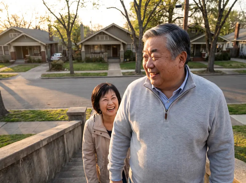 Kenji climbing park steps at sunrise with his wife, smiling