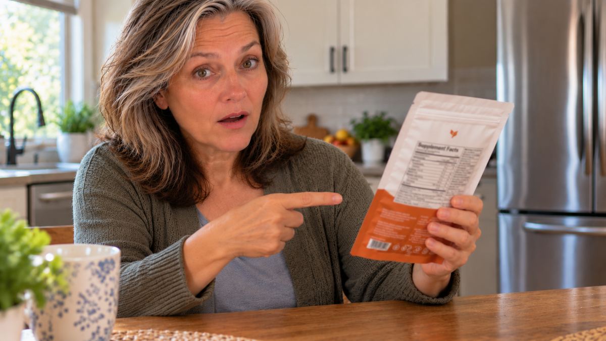 Woman holding a Resilia Ceylon Cinnamon pouch and pointing at the Supplement Facts label