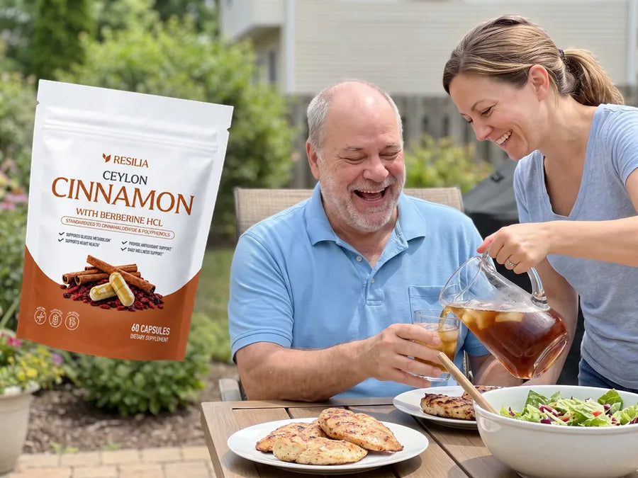 Weeks later, the father laughs at a backyard lunch with his daughter; the Resilia Ceylon Cinnamon pouch floats beside them