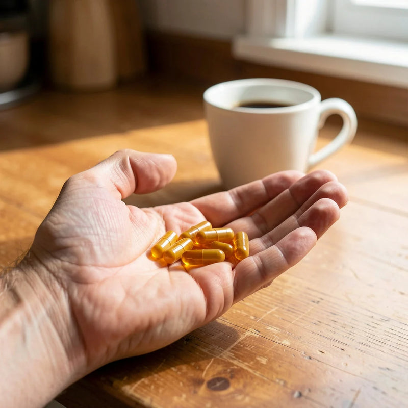 Capsules in hand at a kitchen table