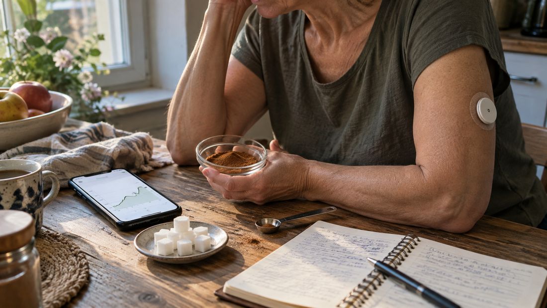 Woman wearing a glucose sensor at the kitchen table with a bowl of cinnamon