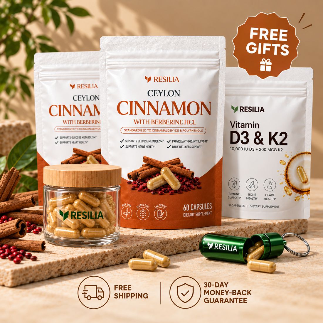 Resilia Ceylon Cinnamon with Berberine HCl pouches with free gifts, free shipping and 30-day money-back guarantee