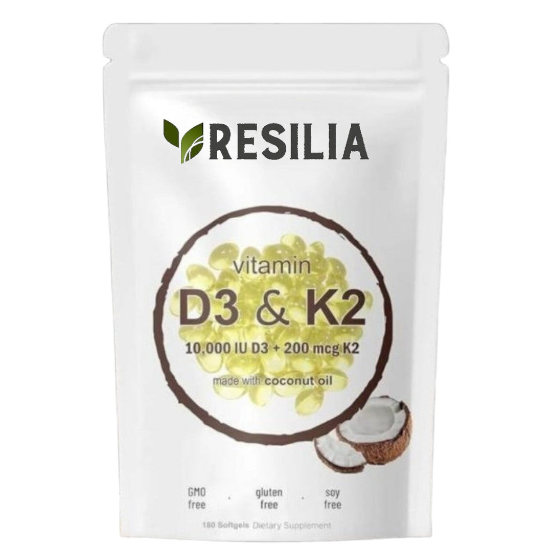A pouch of Resilia brand Vitamin D3 & K2 softgels, with an image of a coconut and text highlighting the vitamin content and dietary preferences such as non-GMO, gluten-free, and soy-free.