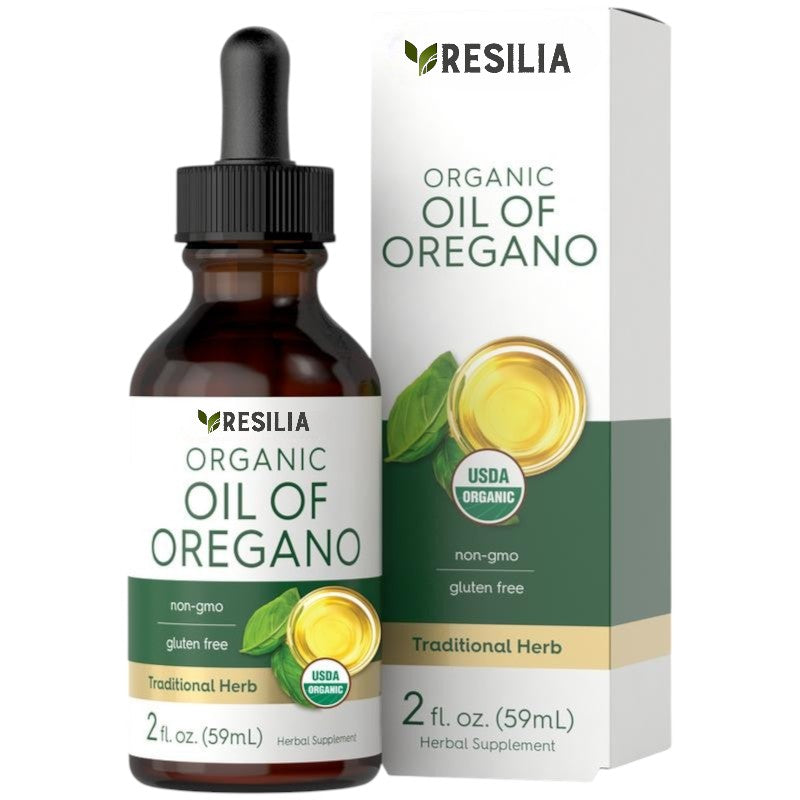 A bottle of Resilia Organic Oil of Oregano next to its packaging box, both featuring the brand logo and information about the product being non-GMO and gluten-free.