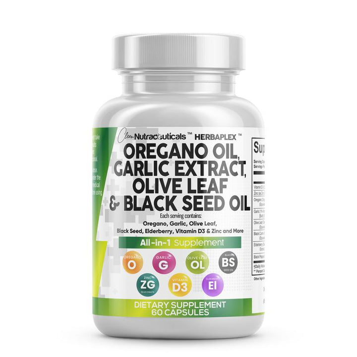 A bottle of Resilia Oregano Oil Herbaplex Capsules with images representing the ingredients such as oregano, garlic, and black seed oil.