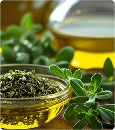 Herbal tea leaves in a glass bowl with a blurred background