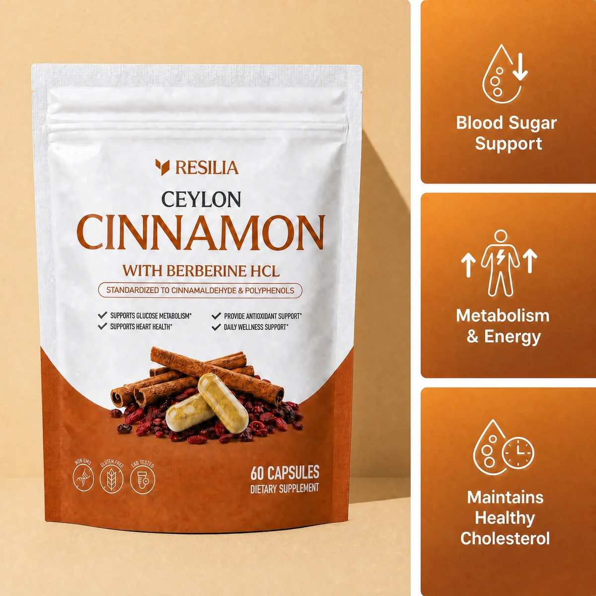 Resilia Ceylon Cinnamon with Berberine HCl, 60 capsules