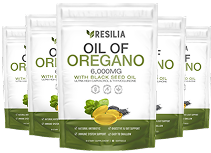 Multiple packages of Resilia Oil of Oregano on a white background