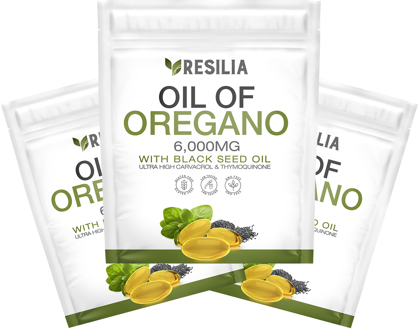 Three packages of Resilia Oil of Oregano on a white background