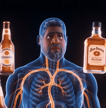 Animation of a man's lymphatic system glowing through his chest, with beer and whiskey bottles floating around him