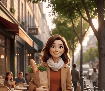 She walks through town smiling with flowers, then checks her reflection in the mirror