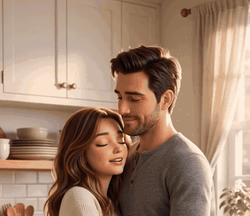 Her husband hugs her from behind in the kitchen, both smiling