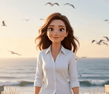 She walks along the beach in the sunshine, smiling and confident