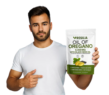 Man holding Resilia Oil of Oregano package