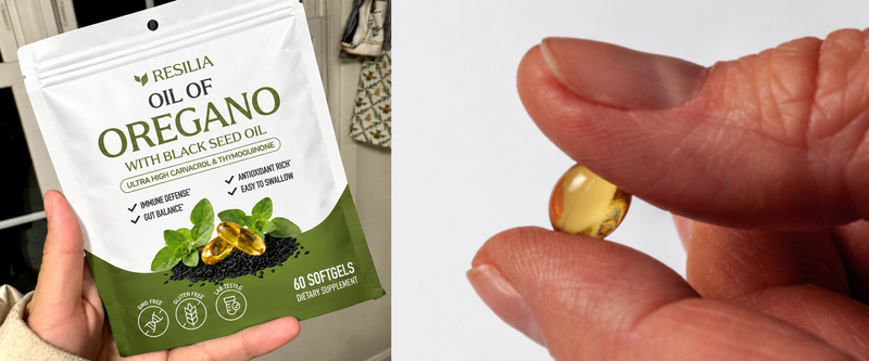The Resilia Oil of Oregano pouch and two softgels