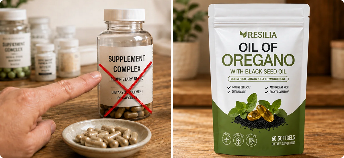 Comparison showing an ordinary proprietary blend supplement on the left and Resilia Oil of Oregano on the right