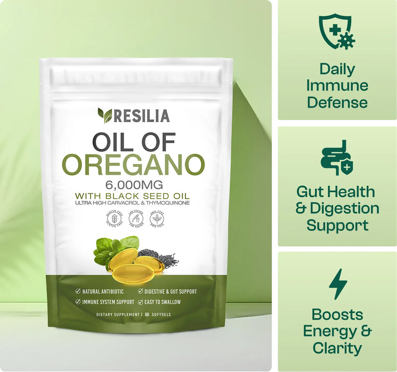 Resilia Oil of Oregano supplement package with health benefits on a green background