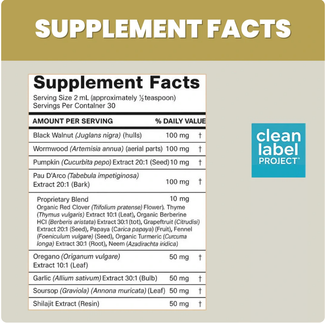 Supplement facts label with various ingredients and Clean Label Project logo on a beige background