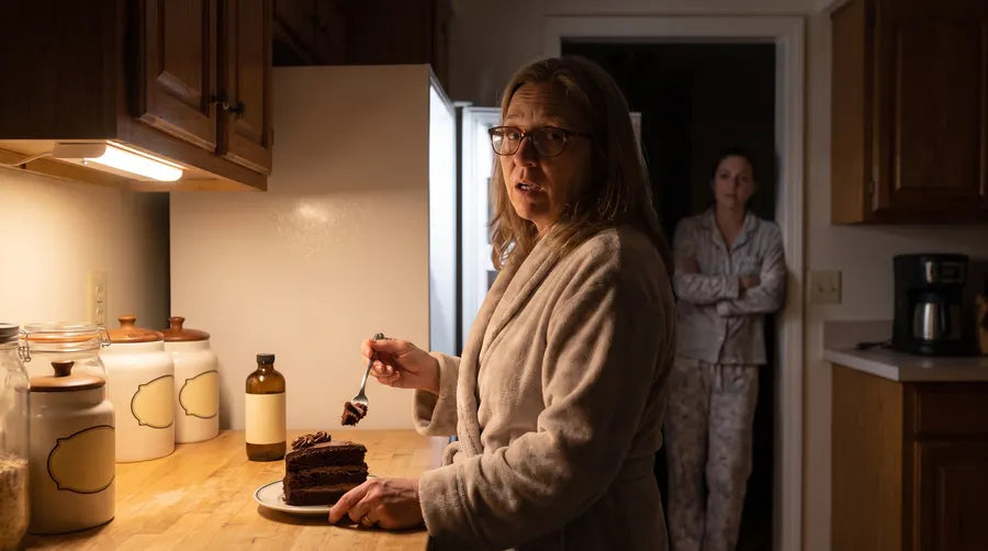 Donna in her bathrobe caught with a slice of chocolate cake at night while her daughter watches from the doorway