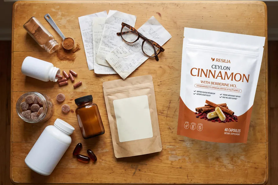 Six cinnamon supplements dumped on a kitchen table with store receipts and reading glasses