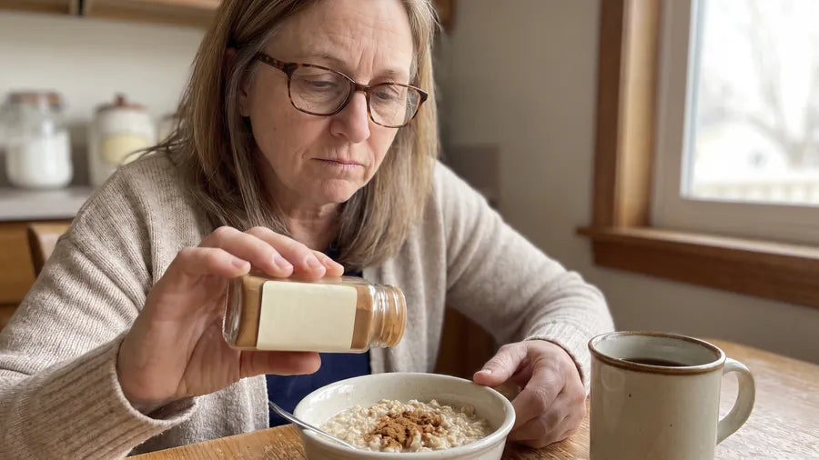 Donna shakes ground cinnamon from a spice jar over her oatmeal
