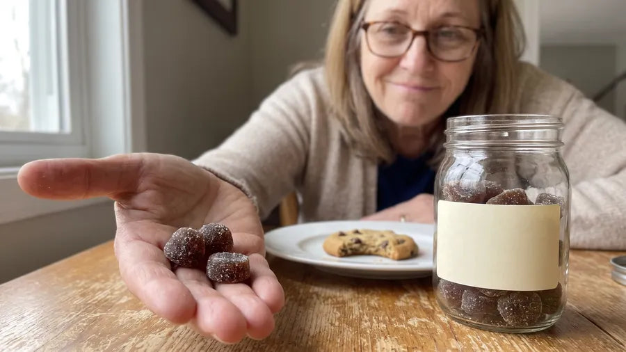 Donna holds three sugar-coated cinnamon gummies next to a cookie