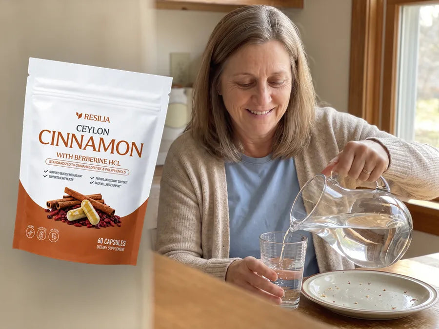 Donna relaxed at her kitchen counter after lunch with the Resilia Ceylon Cinnamon pouch