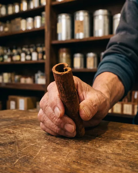A hand holds a thick, hard cassia cinnamon stick