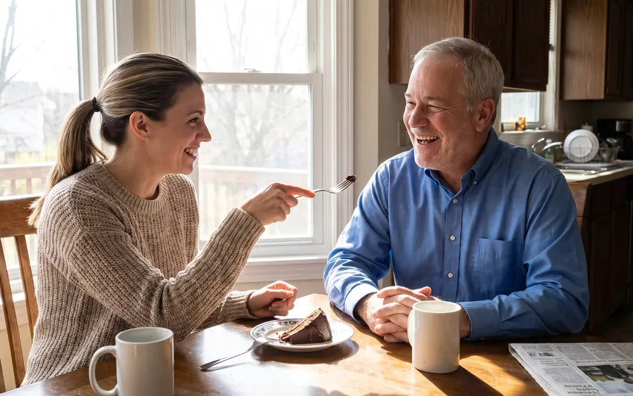 Gary laughing with his daughter Megan at the kitchen table, sharing one thin slice of cake with two forks