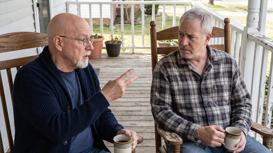 Gary and his friend Walt on a front porch with coffee, Walt counting on two fingers