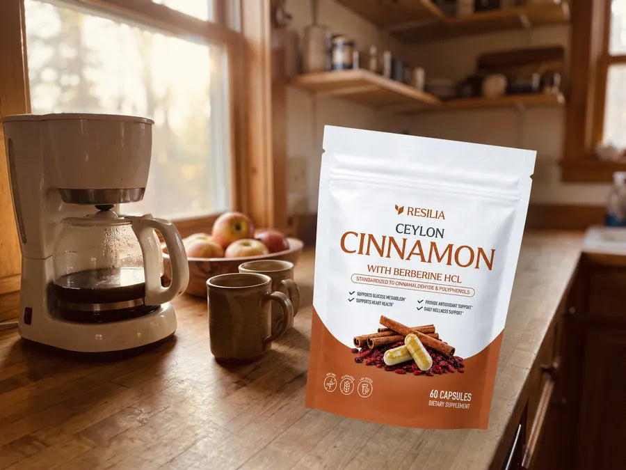 The Resilia Ceylon Cinnamon pouch on a kitchen counter next to a coffee maker in morning light
