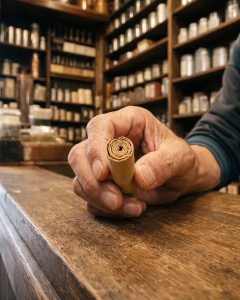 A hand holds a pale, paper-thin, layered Ceylon cinnamon quill