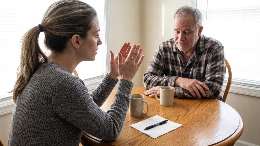 Megan at the kitchen table holding her hands up like two doors while she explains to her father