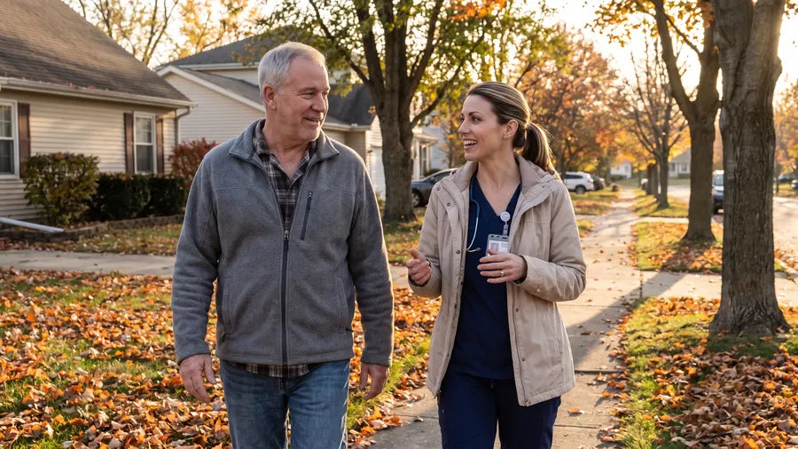 Gary and Megan walking side by side down a leafy street at sunset after dinner