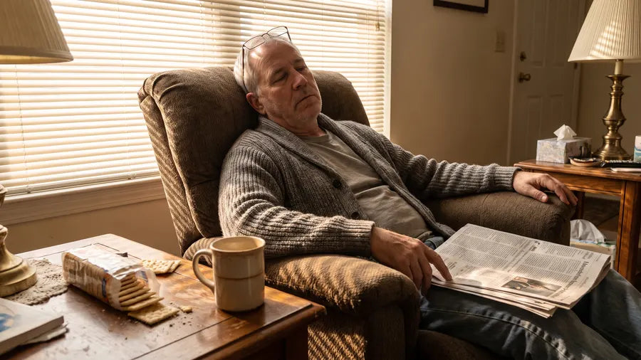 Gary asleep in his recliner in the afternoon with a newspaper slipping off his lap and crackers on the side table