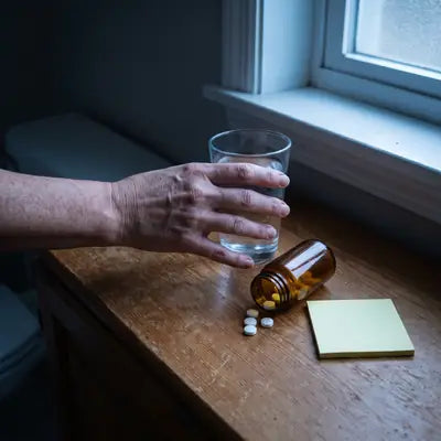 Water pills tipped over on a bathroom counter