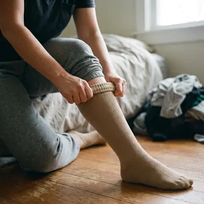Pulling on a tight compression stocking