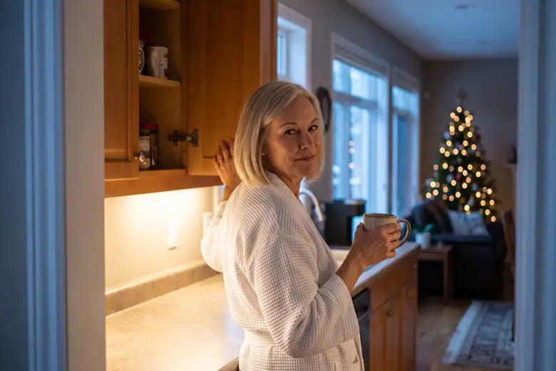 Denise in a white robe at dawn on Christmas morning, one hand in an open kitchen cabinet, glancing back with a knowing smile