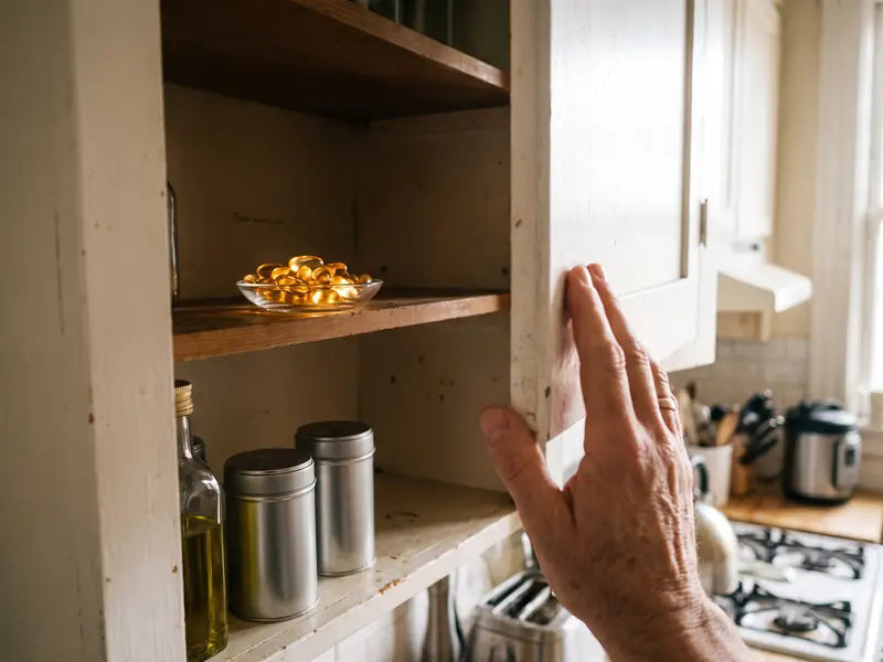 An almost empty kitchen cabinet with two tea tins, a bottle of olive oil and a small glass dish of golden softgels