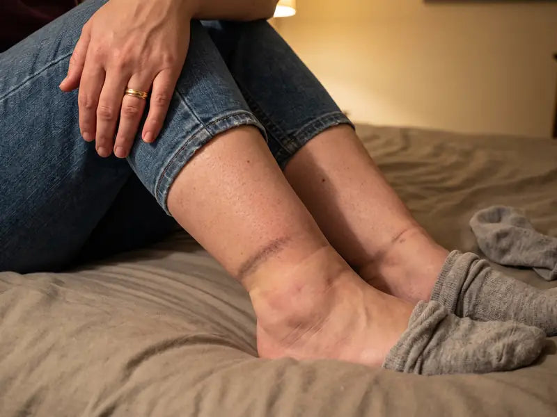 Swollen ankles with deep sock-line grooves and a tight wedding ring at night