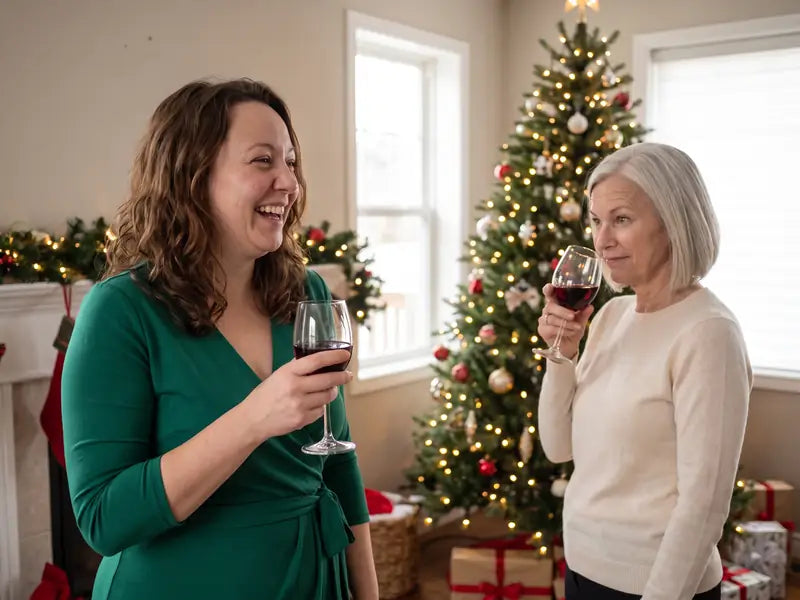 Lauren laughing in an emerald dress by the Christmas tree while Denise smiles at her from across the room