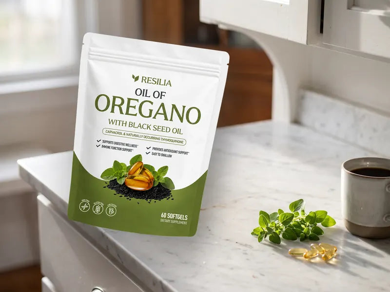 Resilia Oil of Oregano with Black Seed Oil pouch on a marble kitchen counter with fresh oregano and golden softgels