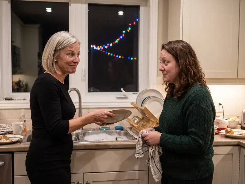 Denise handing Lauren a wet plate at the kitchen sink after dinner, mid-sentence, with a teasing smile