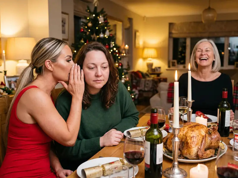 Tiffany whispering to Lauren behind her hand at Christmas dinner while Denise laughs at the end of the table