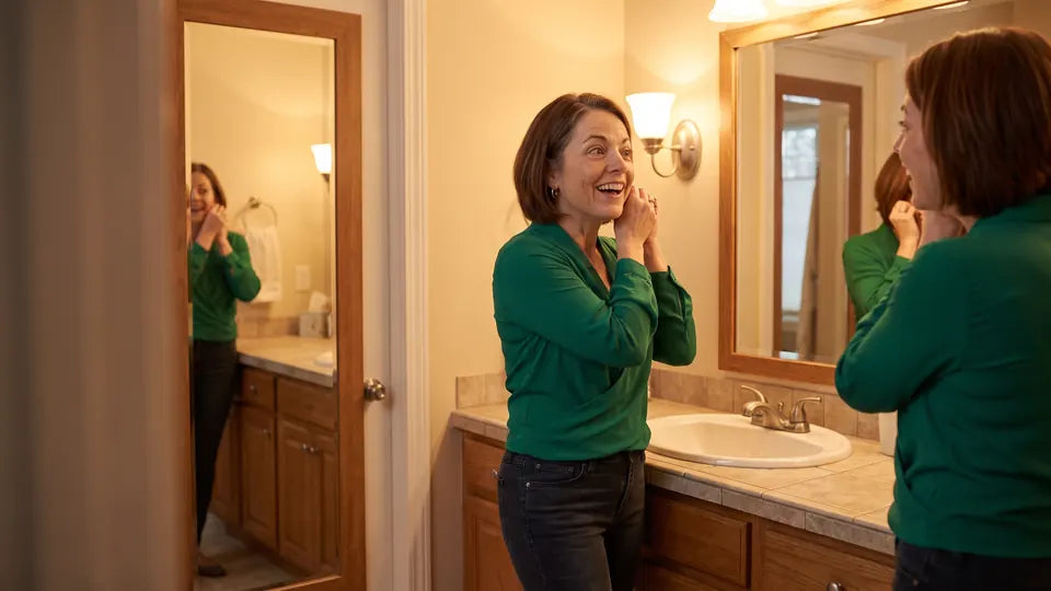 Denise smiling at her bathroom mirror in the evening, getting ready to go out in a fitted green blouse