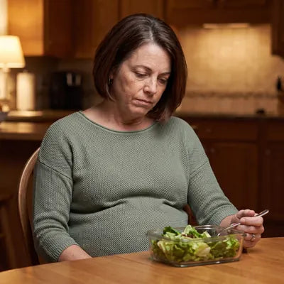 Denise eating a plain salad at night