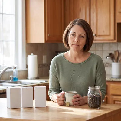 Denise holding a mug of herbal tea